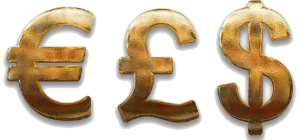 Euro, paund and dollar signs